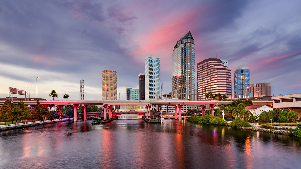 skyline of Downtown Tampa at sunset with overcast weather
