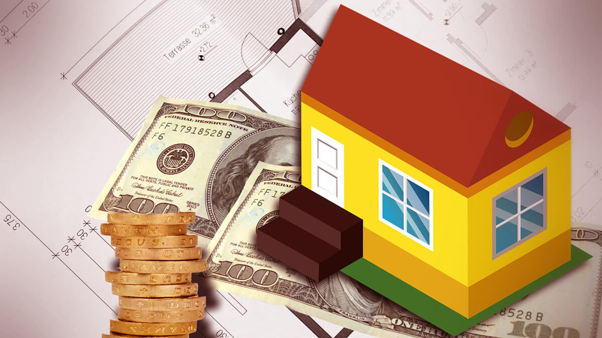 illustration of a house with cents and dollars in the background and a house plan